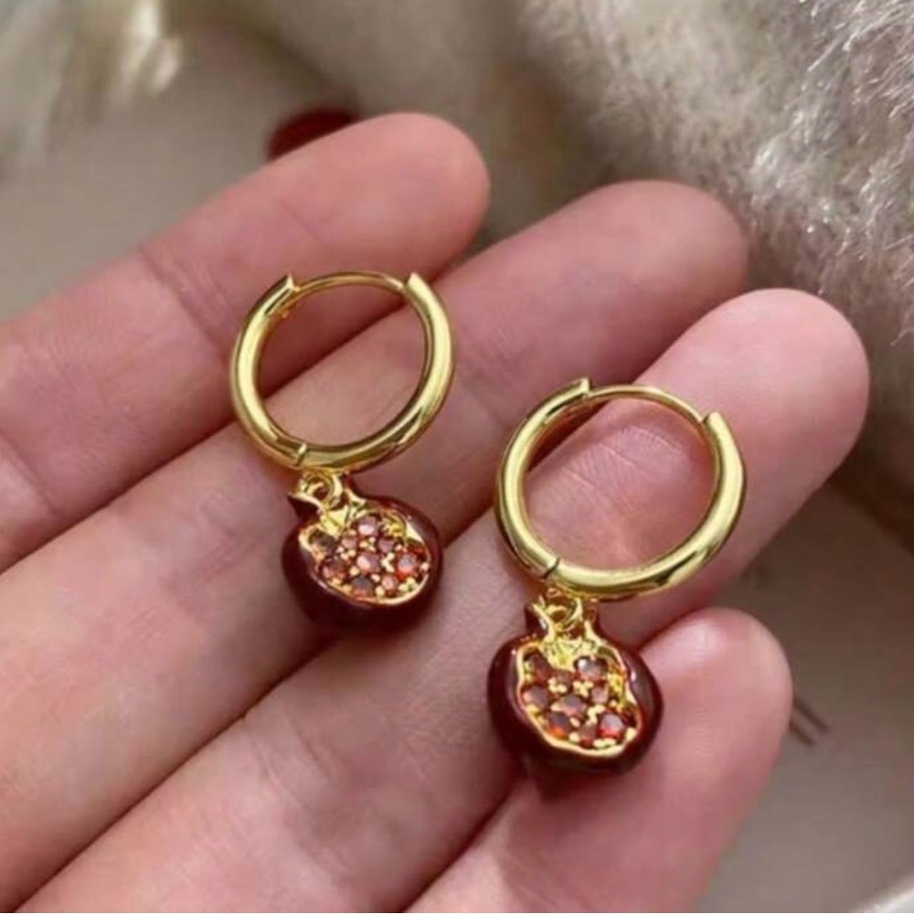 Gold Hoop Earrings with Deep Red Pomegranate Charms - Picture 3 of 3